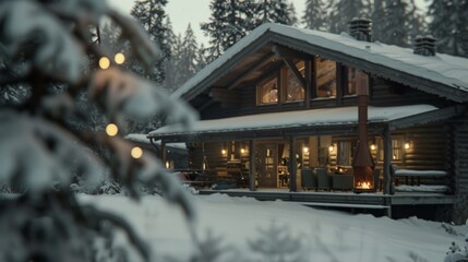 Fototapeta premium A warmly lit chalet glows in the evening snow, evoking a sense of festive warmth and welcoming embrace amid the winter forest backdrop.