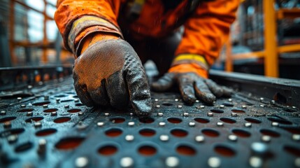 A worker in an orange safety suit and gloves inspects and maintains machinery components in an industrial environment, emphasizing diligence and safety.
