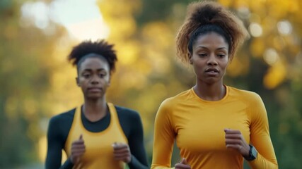 Two women jogging through a park during autumn, enjoying the colorful foliage and staying fit together