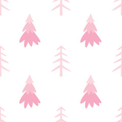 Obraz premium Pink Christmas trees. Vector seamless pattern on white background in pastel colors. Cute flat illustration for Christmas