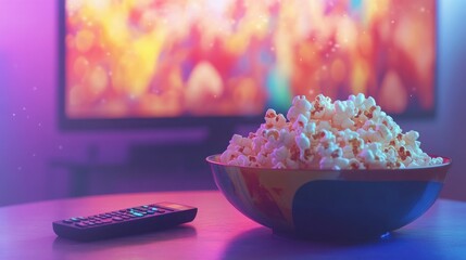 A bowl of popcorn sits on a table in front of a television, perfect for a movie night in.