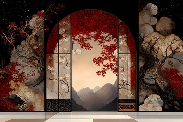 Japanese traditional interior in autumn with red maple, representing Japanese culture, zen and peaceful nature view