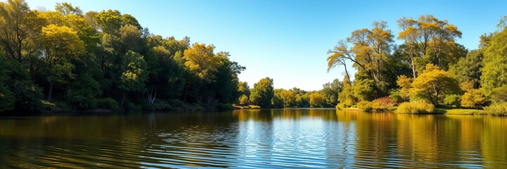 Fototapeta premium A peaceful lake surrounded by lush green trees reflecting in the calm water, crystal clear, blue