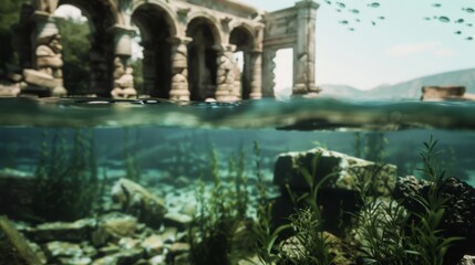 Ancient arches rise above clear waters, fish swim under the surface, blending history and nature's beauty in a serene aquatic landscape.