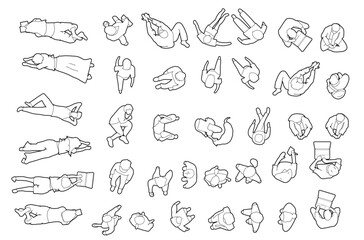 Architectural Drawings, people plan vector in park out door illustration, top view, Minimal style hand drawn, set elements for architecture and landscape design. Sections, Elevations, Floor Plans.