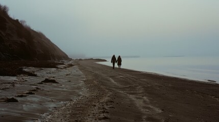 Naklejka premium Two figures walk hand in hand along a misty, desolate beach at dusk, the fog blending with the horizon where sea meets sky.