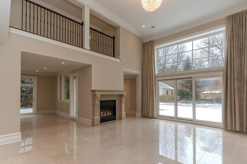 Modern empty living room with fireplace, large window and marble floor with mezzanine area, photographic backdrop.