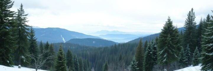 Obraz premium A panoramic view of a serene mountain landscape with lush green forests, snow-capped peaks, and a clear blue sky, forests, scenic