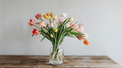 A vibrant bouquet of multicolored tulips in a glass vase on a wooden table, exuding freshness and elegance.