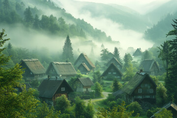 ethereal morning in a secluded mountain village, fog blankets the lush landscape with rustic cabins peaking through
