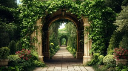 Fototapeta premium A romantic archway completely covered in climbing ivy, leading to a hidden garden