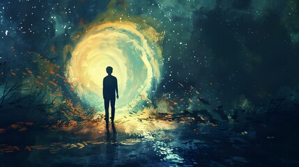 Solitary figure stands in a mystical moonlit landscape