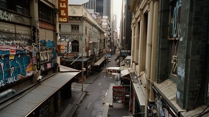 Fototapeta premium An urban alleyway adorned with vibrant graffiti and eclectic architecture, showcasing the raw, artistic soul of the city street life.