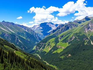 Obraz premium A majestic mountain range standing tall under a clear blue sky, showcasing rugged peaks and lush green valleys, landscape, range