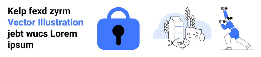 Blue padlock symbolizing security, milk and cheese for food consumption, and a person with binoculars representing observation. Ideal for technology, food safety, research, security, business
