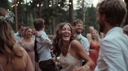 Fototapeta premium A joyful guest at an outdoor wedding smiles broadly while dancing amidst a forest setting.