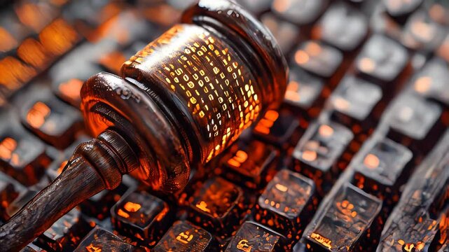 Wooden gavel with binary code on a glowing keyboard, symbolizing digital law enforcement