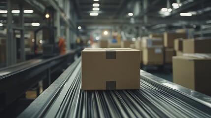 A cardboard box moves along a conveyor belt in a warehouse, highlighting the efficiency and automation of modern logistics and manufacturing processes.