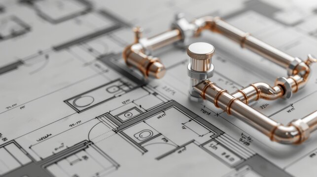 A blueprint of a house is shown with pipes and valves on it, suggesting a plumbing or architectural project in progress. Details like room layouts and measurements are visible.