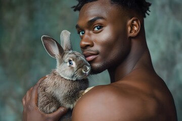 close-up portrait of black  man with blue eyes with rabbit, representing animal love, gentle touch and compassion