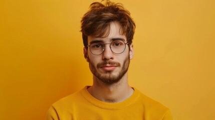 A smiling young man in a yellow top and glasses faces the camera against an orange backdrop. His friendly demeanor and casual style convey warmth and approachability.