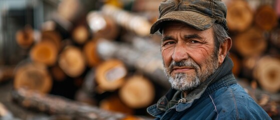 Naklejka premium A confident lumber industry worker with a beard and hard hat, wearing winter clothes, smiles at the camera in front of a pile of cut wood.