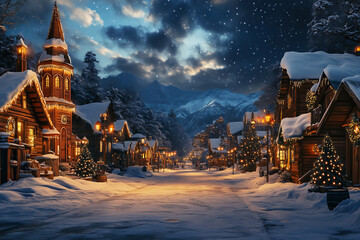 Fototapeta premium Charming Snowy Village at Christmas Eve