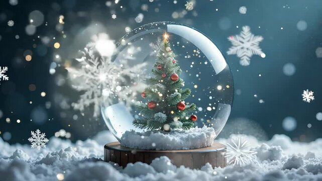 The snow globe with Christmas tree inside. Christmas themed background. 