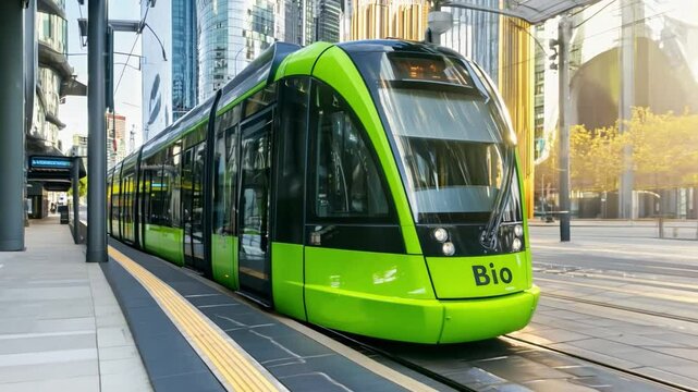 Green tram on urban tracks in a modern city, showcasing sleek design and innovative energy efficiency technology