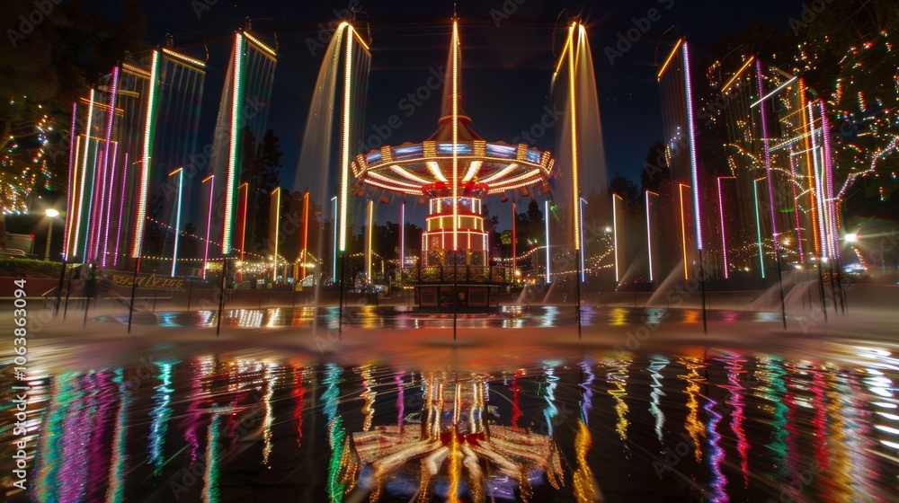 Poster the stillness of a reflection pool is disrupted by a dazzling display of light trails from a nearby 