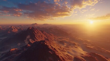 A scenic view of a desert landscape with mountains at sunset. The sun is setting in the distance, casting a warm glow over the scene.