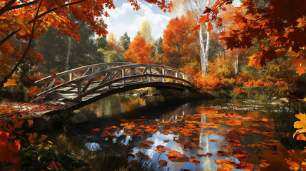 A small, rustic footbridge surrounded by fall foliage in brilliant hues of orange and red