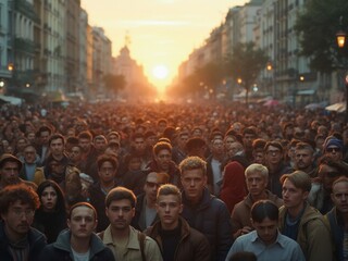 Crowd Gathering at Sunset on a Bustling City Street During a Vibrant Urban Event