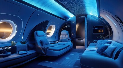 The interior of a private jet with blue lighting, comfortable seating, and a sleek design.