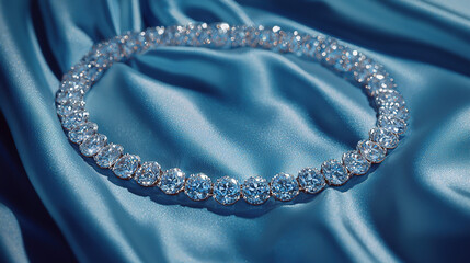 Obraz premium Elegant diamond necklace on luxurious blue satin fabric, showcasing sparkling gemstones and fine craftsmanship in a sophisticated setting.