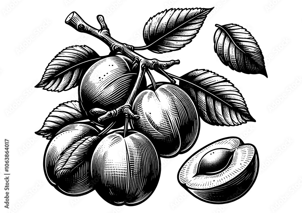 Poster plums on a branch with leaves, featuring a halved plum showing the seed inside sketch engraving gene