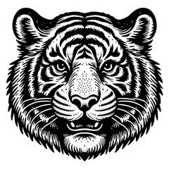 Fototapeta premium Friendly happy smiling tiger face sketch engraving generative ai PNG illustration. Scratch board imitation. Black and white image.