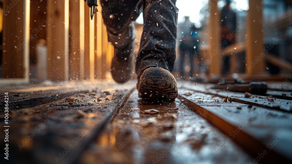 Poster a construction worker hurries across a muddy site, with droplets of water splashing around. the sett
