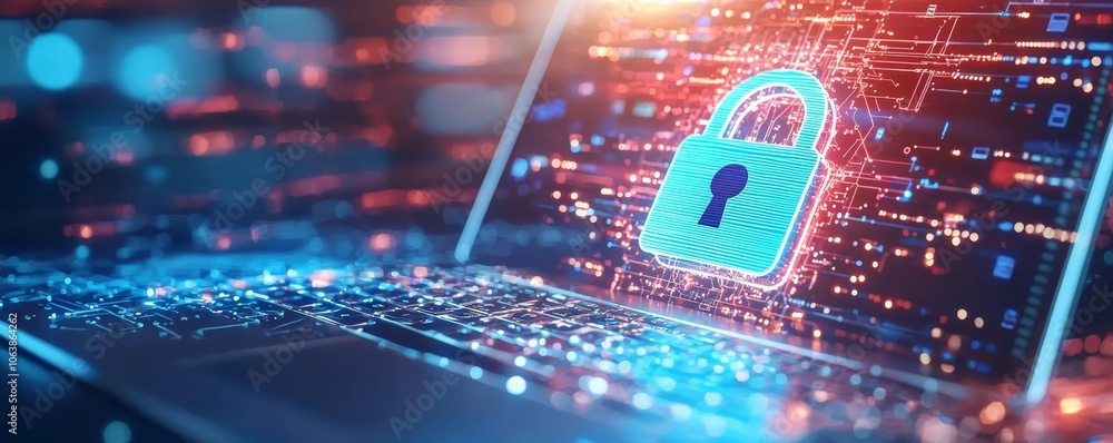 Poster modern laptop with digital lock symbol and data encryption concept.