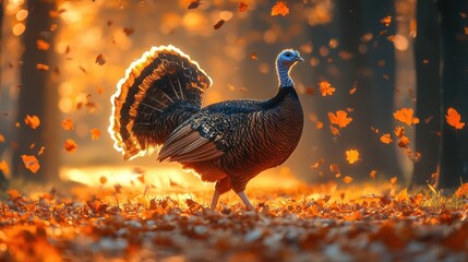 Majestic Turkey Striding Down a Path in an Autumn Forest – Realistic Cinematic Photography

