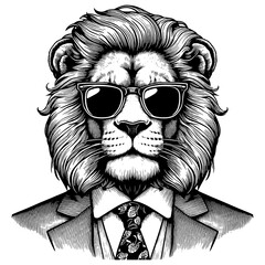 Businessman Lion in sunglasses and a suit, conveying a cool, powerful, and sophisticated vibe sketch engraving generative ai PNG illustration. Scratch board imitation. Black and white image.