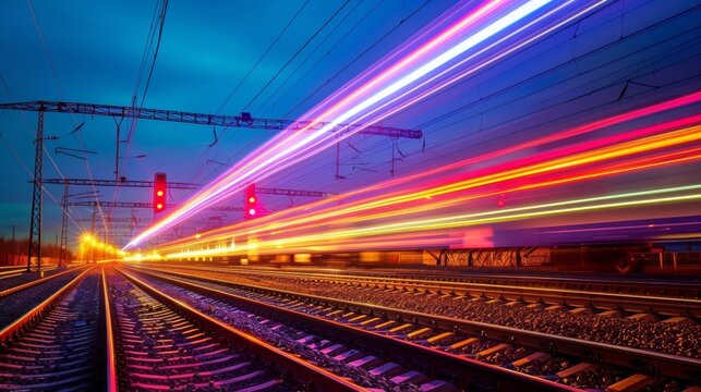 Multiple trains passing by on parallel tracks their light trails intertwined to create a beautiful display of colors.
