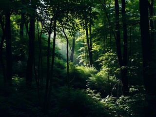 Obraz premium A dense, lush forest canopy with sunlight peeking through, casting shadows on the vibrant green leaves below, scenery, wilderness
