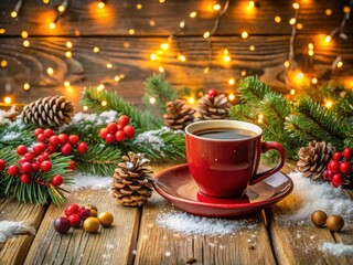 Cozy Christmas Mockup Still Life with Coffee Cup Surrounded by Festive Decorations and Winter Elements for Holiday Marketing and Social Media Content