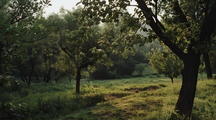 Obraz premium Pear trees laden with fruit create a tranquil and shaded grove, dappled with soft sunlight in the midst of a gentle countryside setting.