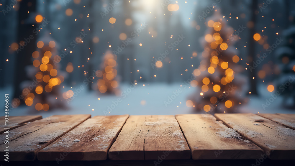 Poster A festive winter scene features a glittering Christmas background with an empty wooden table in front of it created by generative AI