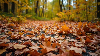 A close-up shot of vibrant orange and red autumn leaves covering the ground, texture, natural
