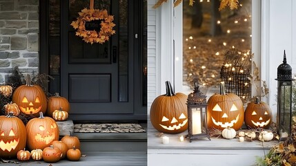 Obraz premium A festive Halloween porch with a jack-o-lantern and a wreath of autumn leaves.