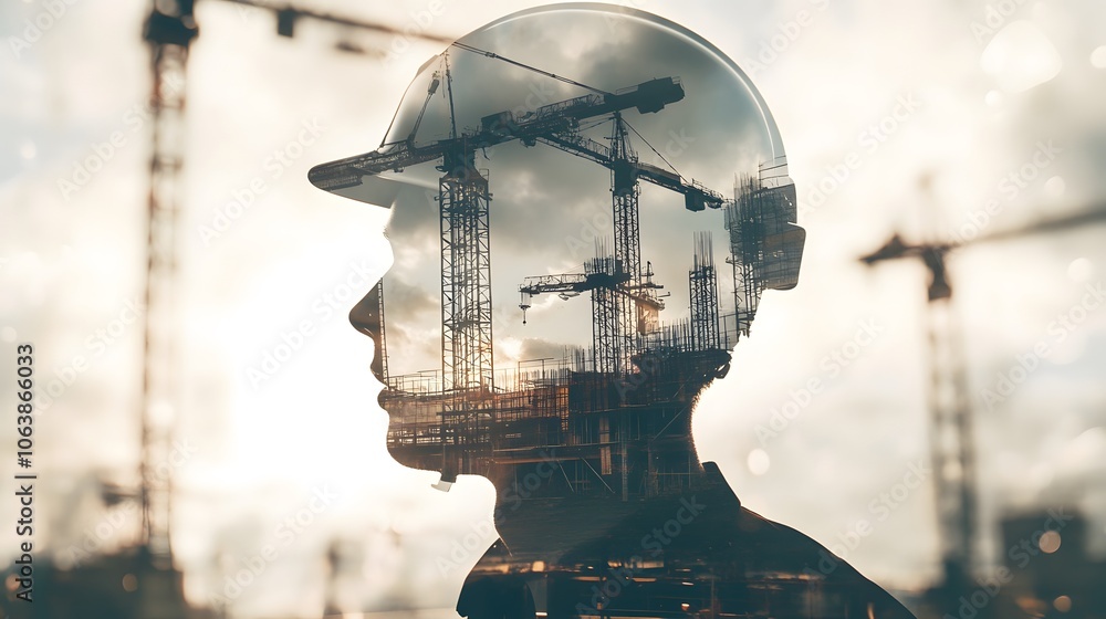 Poster silhouette of worker with construction overlay