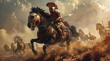 Naklejka premium Fearless Warrior on Horseback Charging into Intense Battlefield